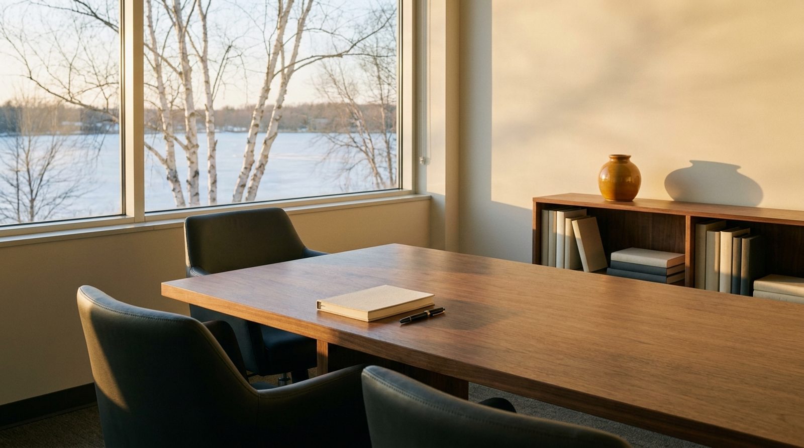 A quiet meeting room with a long walnut table and a view of birch trees and a lake